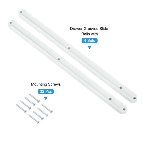 White Plastic Drawer Slides With Mounting Screws Side Mounted Furniture Runners For Cabinet Wardrobe Dresser Slick Glide No Sweat Install Standard Size Wood Box Fix with 4 sets and screws.