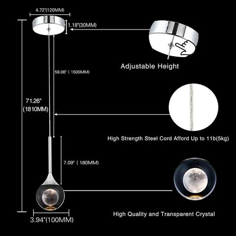 Dimensions and features of Crystal Pendant Light With Moon Glow, Modern Chrome Finish, Dimmable LED 5W for kitchen island or dining room.