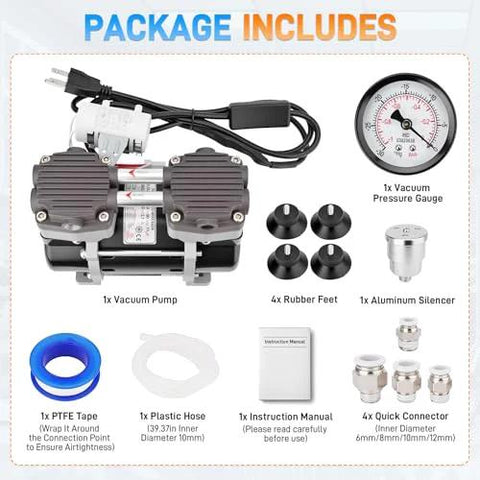 Front view of 50L/min oil-free lab vacuum pump with pressure gauge, silencer, and hose kit