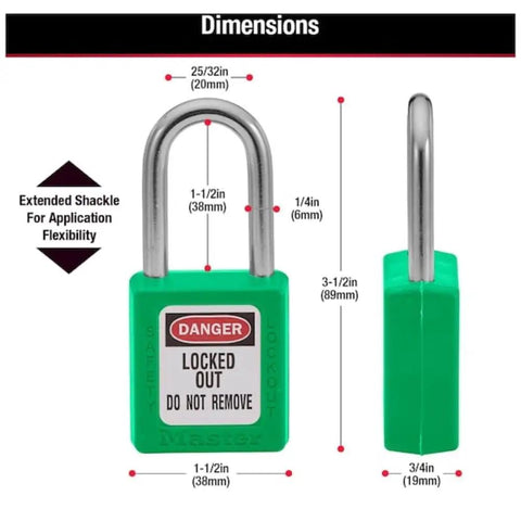 Heavy Duty Lockout Tagout Safety Padlock Green OSHA Compliant Non Conductive Thermoplastic Body Built Like A Tank dimensions with labels.