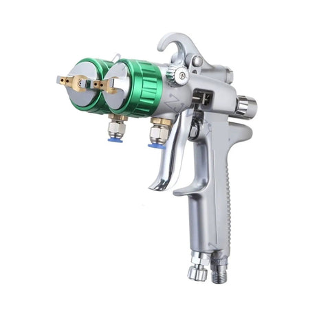 Dual Nozzle Pneumatic Air Spray Gun With Pressure Feed Cup Lays Down Buttery Smooth Coats Every Time And Covers Ground Fast For Zero Hassle Job Sites Or Weekend Projects close-up view with green nozzles and silver body