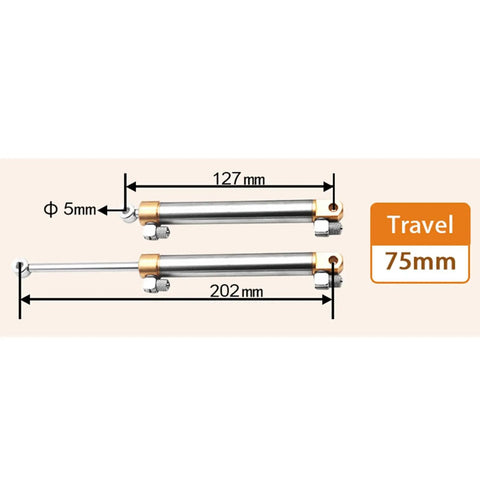 RC Model Hydraulic Cylinder Stainless Steel Spare Part Dope Smooth Precision Machined 75 Mm Stroke For Dump Truck Models Excavators Loaders And Industrial Mini Equipment. Image showing dimensions and stroke travel length of 75mm.
