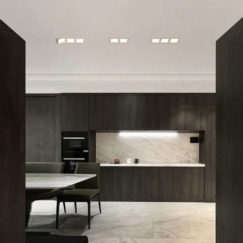 Level Up Your Space With This Slick Adjustable LED Recessed Downlight, 21 Watt 2350 Lumen Triple Head Ceiling Fixtures, 3 Way Selectable 3000K To 6000K, Zero Glare Soft Touch Look, No Sweat Retrofit Install For Trendy Rooms in modern kitchen.