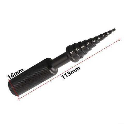 Thinking Process: black aluminum blind hole bearing extractor tool, 16mm handle, 113mm length, sizes 2mm to 14mm