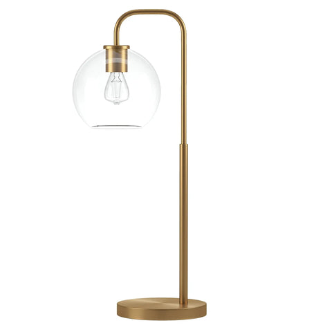Lit 27 Inch Tall Arc Table Lamp With Clear Glass Globe Shade And Brass Accents Handcrafted Steel Base Modern Yet Classic
