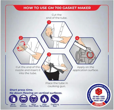 Instructions on using GM 700 Gasket Maker, showing step-by-step guide for applying High Temp RTV Silicone Gasket Maker And Sealant