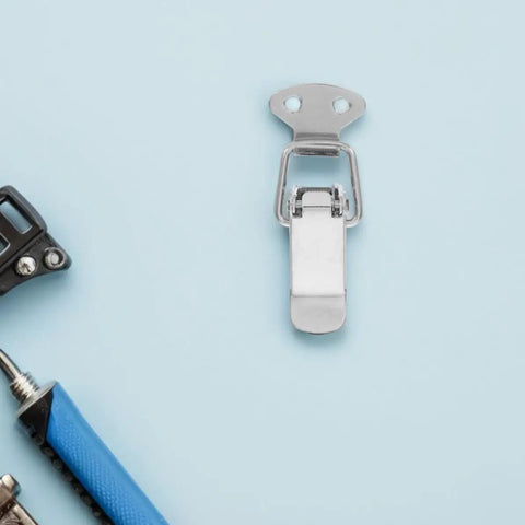 Stainless Steel Spring Loaded Toggle Latches 10 Pack Heavy Duty Quick Release Pull Handles For RV Cabinets, Travel Bags, And Outdoor Gear Case Closure Clasp Super Sturdy Design on light blue background.