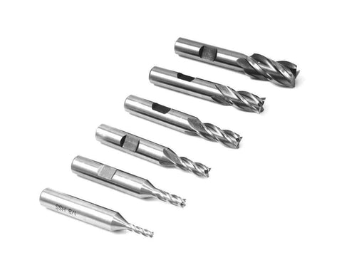 HHIP 4-flute high-speed steel end mill set, 6-piece, 3/8 in shanks, front view