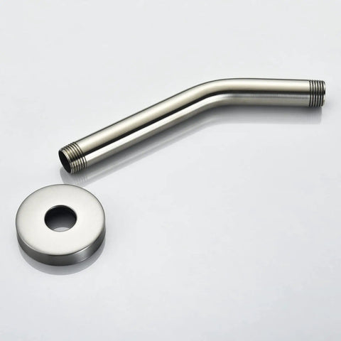 8 Inch Anti Leakage Ceiling Wall Shower Arm With Flange In Brushed Nickel Finish, solid brass construction, laying on surface.