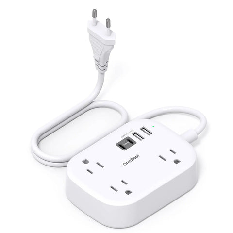 US To European Travel Plug Adapter With 3 Foot Extension Cord Type C E F Power Converter with 7 ports and USB outlets.