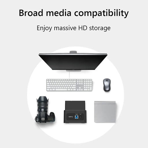 No Sweat Heavy Duty 2.5 And 3.5 Inch Compact External Hard Drive Enclosure Dock For USB 3.0 to SATA Storage with computer and camera.