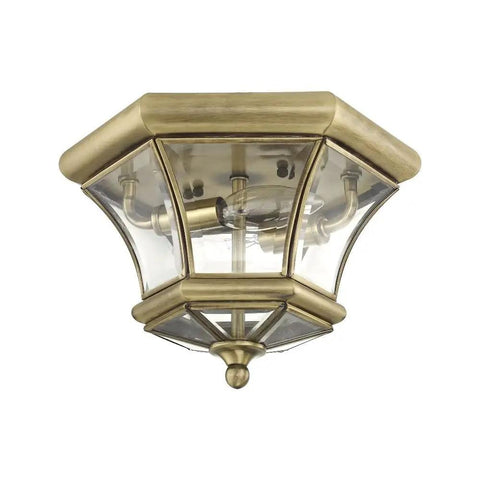 Monterey Two Light Outdoor Indoor Flush Mount In Polished Brass Finish solid brass fixture with clear beveled glass