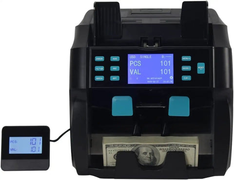 Heavy Duty Dual Pocket Money Counter Machine And Certified Fake Bill Detector With Smooth Multi Currency Sorting And Rapid Serial Scanning No Sweat Cash Sorter displaying cash and digital count.