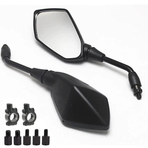 Upgrade Your Ride With These 2 Pack Motorcycle Rearview Mirrors Featuring Wide Angle Crystal Clear White Glass Vision And Explosion Proof Safety For Enhanced Street Visibility And Flexible Adjustable Head Tilt black mirror set with clamps and adapters