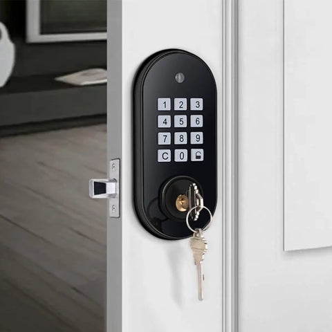 Rock Solid Keyless Entry Deadbolt With Backlit Numeric Keypad And Easy Dial In Spy Proof Virtual Code For No Sweat Self Locking Residential Door Security Upgrade mounted on a door.
