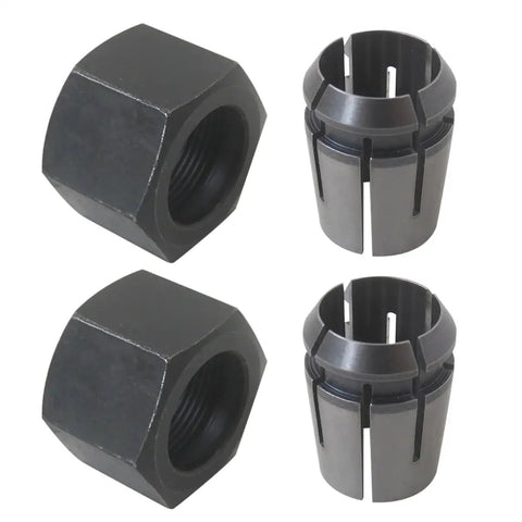 2 Pack Router Collet Replacement Kit One Half Inch Pro Grade Fits Dewalt DW616 DW618 Series and MRC23EVS Models for Precise Concentric Performance and Easy Tool Setup, showing two collets and nuts.