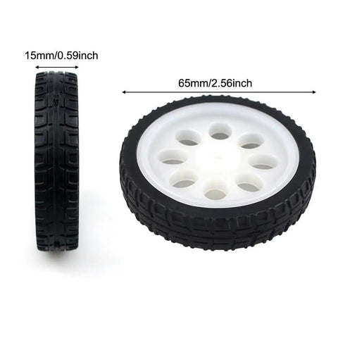 Side and front view of white hub rubber wheel, 15x65 mm, for TT motors with encoders in DIY Arduino projects, Four Pack included.