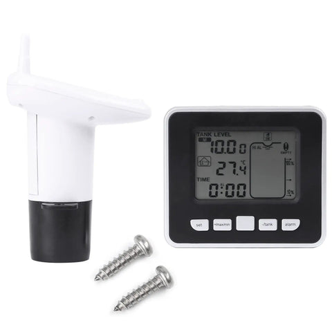 Ultrasonic Liquid Level Sensor With Temperature Display For Indoor Water Tanks Level Meter And Indicator Up To 100 Meters Easy Install Real Time Readout No Brainer For Home Kitchen Basement Utility Rooms, showing sensor, display, and screws.