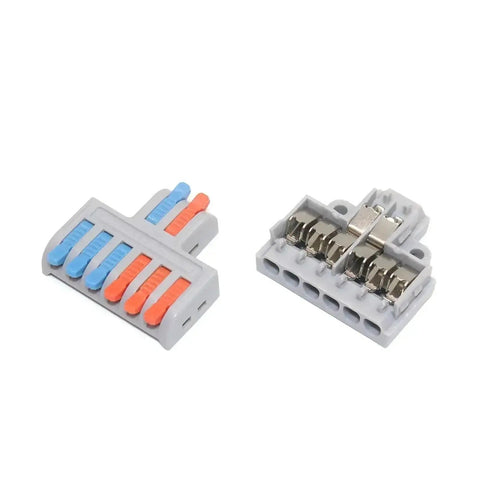 Snazzy Mini Push In Wire Splitter Terminal Block With 10 Pieces For Instant Tool Free Splicing Of Solid Stranded And Flexible Copper Conductors In Home Wiring And Led Projects Featuring Tin Plated Contacts And Flame Retardant PA66 Housing Rating For. mini push-in wire terminal block, gray PA66, front and back view