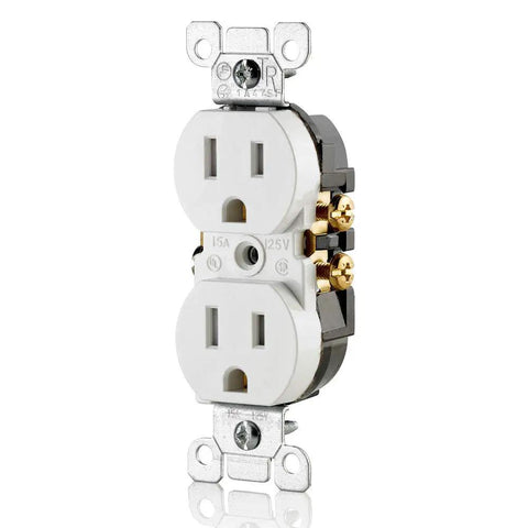 Tamper Resistant Duplex Receptacle 15 Amp 125 Volt Pack Of 10 White, front view showing plug openings and mounting screws