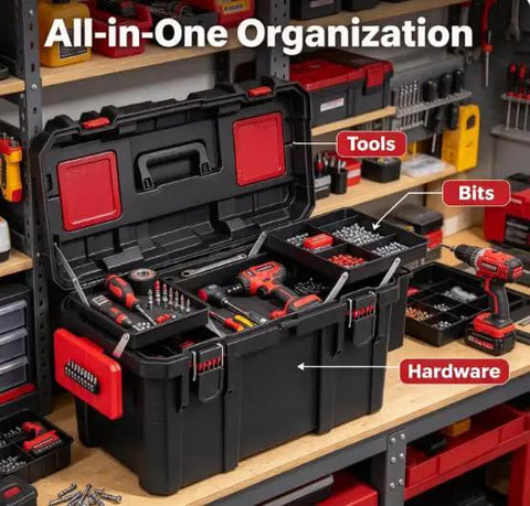 Beefy 19 Inch Tool Box With Big Small Parts Organizer Tray For Nuts Bolts Screws And Drill Bits Made From Dang Tough Resin, open showing tools and bits.