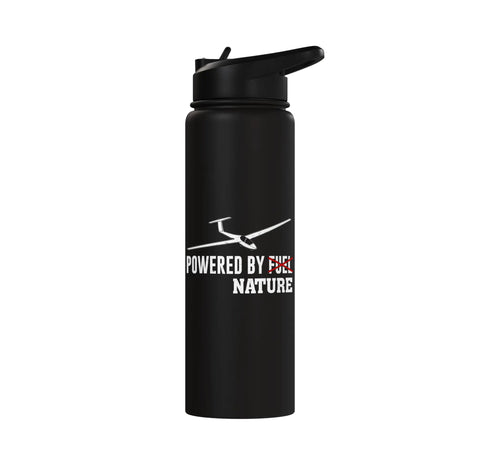 Skybound Sailplane Pilot Water Bottle For Aviation Fans Stainless Steel Insulated Bottle Keeps Drinks Hot Or Cold Dope Gift For Glider Lovers And Sailplane Flyers Who Live For The Sky, black bottle with glider image and 'Powered by Nature' text