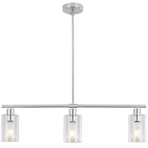 Three Light Kitchen Island Pendant In Brushed Nickel With Glass Shade, 31 Inch Modern Linear Chandelier with clear glass shades