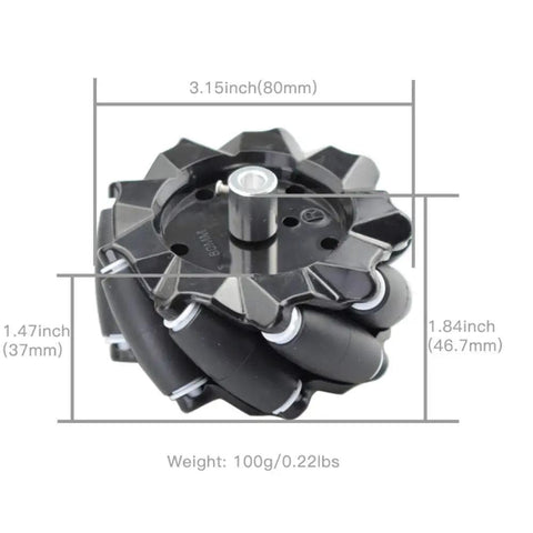 80mm Mecanum Wheel Omni Directional Robot Car Kit With 6mm Hubs For Arduino Raspberry Pi Micro Bit And DIY STEM Projects Left Right Pair For Maker Friendly Plug And Play Mobility, single wheel with dimensions.