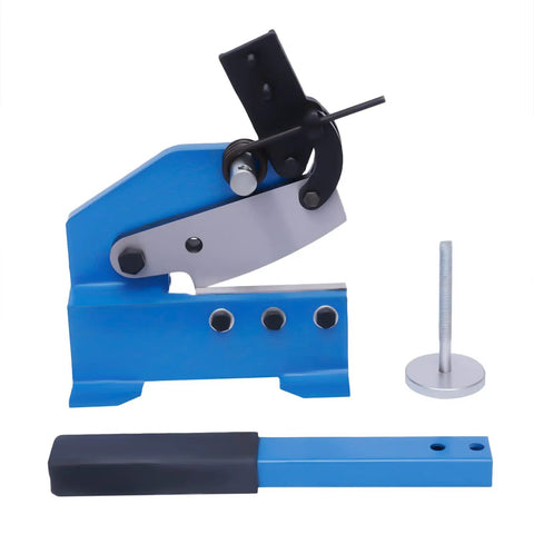 Rugged As Nails Hand Lever Metal Shear With Sharp Carbon Steel Blades That Cuts Metal Like Butter Built Tough For Precision Snips Up To 125mm Wide showing blue metal shear with lever and blade.