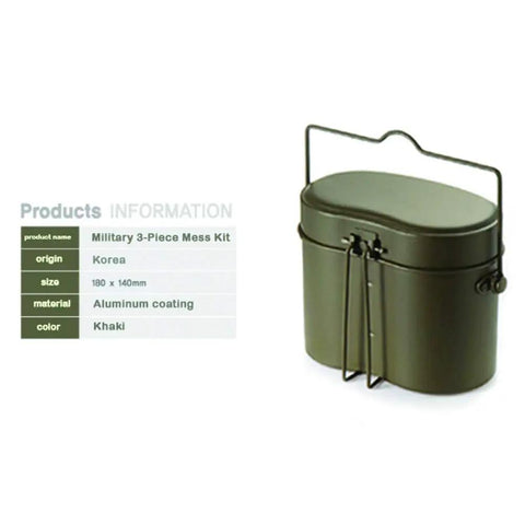 Three Piece Military Style Mess Kit For Camping And Outdoor Adventures With Lid Ramen Cooker Canteen Set Khaki Aluminum