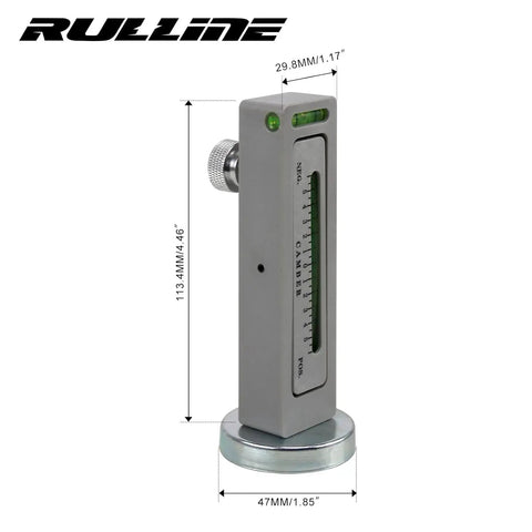 Two Piece Universal Magnetic Camber Gauge For Dead Nuts Wheel Alignment showing dimensions, magnetic base and level for precision use.