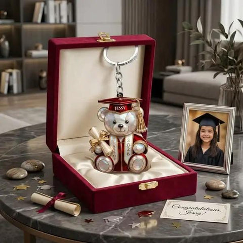 Personalized Graduation Bear Keychain With Custom Name And Class Of 2026 Dope Design Heartfelt Keepsake in red velvet box