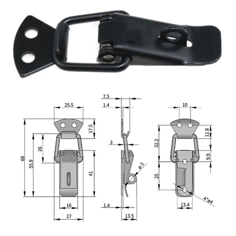 Black Stainless Steel Toggle Latch Set 2 Pack Heavy Duty Hasps For Cabinets Trunks Doors Hood Toolbox Trailer Metal Fasteners Rustproof Locking Hardware, with technical dimensions.