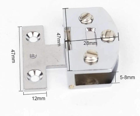Premium Double Action Glass Cabinet Hinges In Sleek Silver Tone For Five To Seven Millimeter Panels smooth design showing dimensions and fittings.