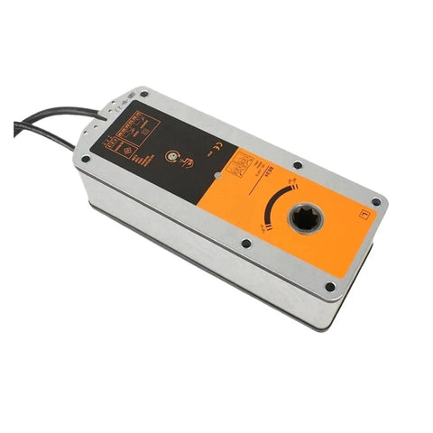 Hefty Hvac Damper Actuator Packing Forty Nm Of Badass Torque For Quick Open Close Ventilation Control Featuring Snappy Sixty Second Travel And Rock Solid Dual Spdt Switches For Perfect Grip - top view of actuator with black and orange design, wires visible.