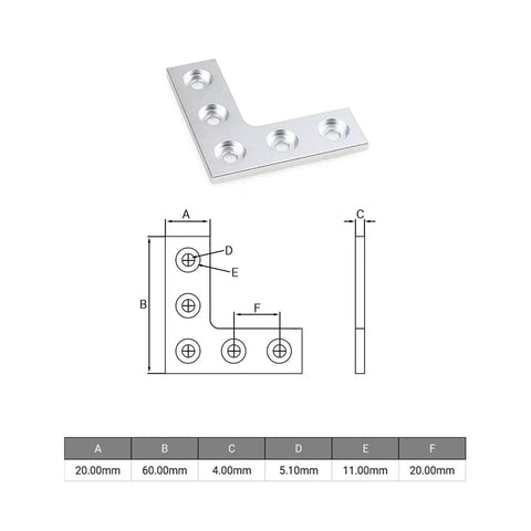 4 Pack L Shaped 90 Degree Corner Connector Plates For Aluminum Profiles, Five Hole Mount, 60x60 Mm Hole Spacing, 6063-T5 Aluminum