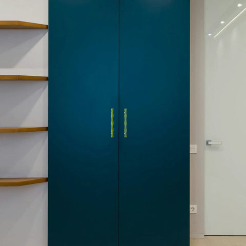 Blue cabinet with Zinc Alloy Cabinet Pulls Set 2 Pack, Sleek Cupboard Handles For Dresser, Small Drawer Pulls For Modern Furniture.