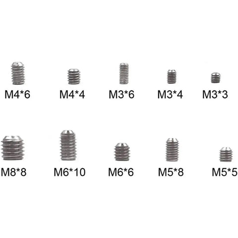 Metric Set Screws Kit With Hex Socket Head Cup Point for Precision Locking, 10 screw sizes labeled from M3 to M8.