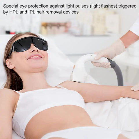 IPL Laser Safety Glasses With Broad Spectrum Eye Protection Shield Your Eyes During Red Light Therapy And Hair Removal in use.