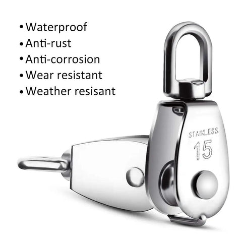 6 Pack 0.59 Inch Single Pulley Block 304 Stainless Steel M15 Crane Swivel Hook with stainless steel build