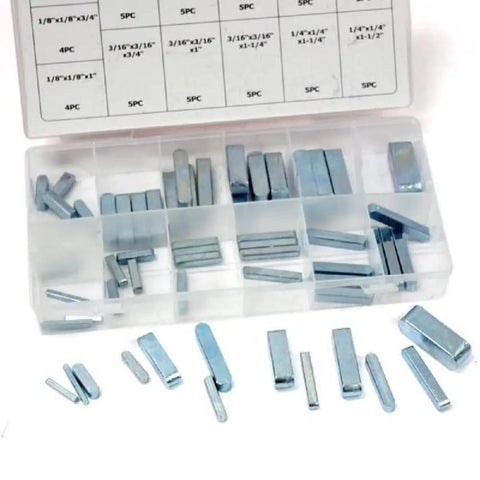 60 Pc Keystock Bar SAE Assortment Set with zinc plated steel for locking pulleys, gears, and sprockets in plastic case.