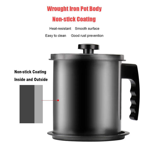 Sizzlin Bacon Grease Catcher With Fine Mesh Filter Seven Cup Heavy Duty Iron Fat Jar Nonstick Coating removable lid and handle.