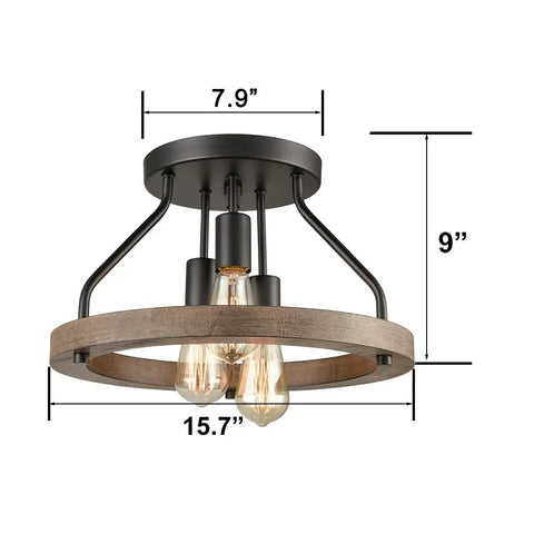 Farmhouse Flush Mount Ceiling Light With Metal And Wood Open Frame, E26 LED Compatible, 3 Light Fixture, 15.7 Inch Diameter, ETL Listed