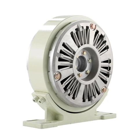 Magnetic powder brake with base, front view of light-green housing with circular vented metal face.