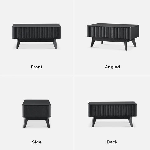 Top Shelf Modern Lift Top Coffee Table With Sleek Fluted Paneling And A Game Changing Pull Up Desktop Plus Hidden Storage Compartment In Durable Black Oak Finish, front view.