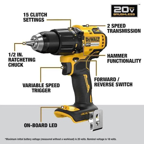 Killer 20V Max Brushless Hammer Drill And Impact Driver Combo Kit packing 2 speed transmission and 15 clutch settings.