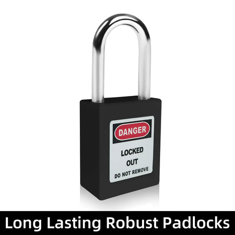 Solid As A Rock Five Piece Keyed Different Lockout Tagout Safety Padlock Set Black OSHA Approved Pads, heavy duty design.