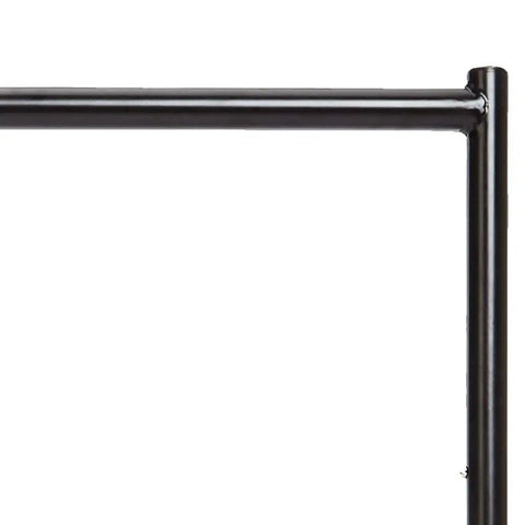 Heavy Duty Rolling Garment Rack With Solid Steel Frame And Smooth Gliding Casters keeps your fit stacked and ready, showing black metal frame close-up.