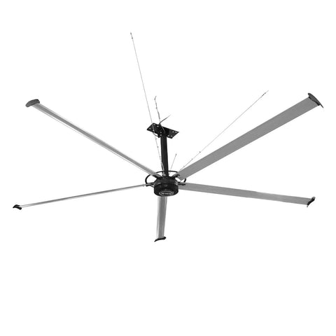 Heavy Duty 18Ft Hvls Industrial Ceiling Fan Serving Up Slick Air Flow To Warehouses And Factories Powered By 208-240V One Phase Voltage with sleek silver blades.