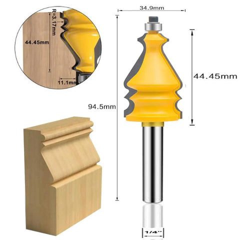 Diagram of One Quarter Inch Shank Router Bit Set Five Piece Architectural Molding Kit with dimensions for woodworking milling.